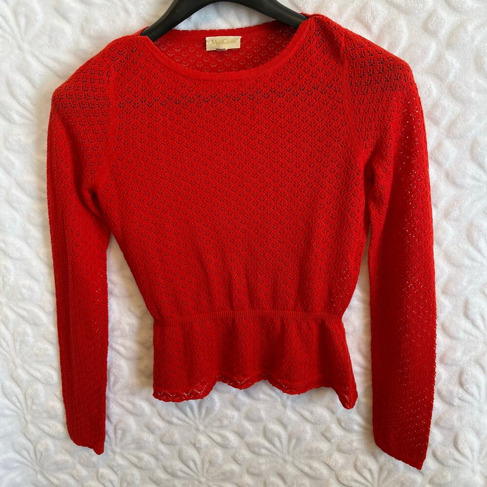 ModCloth red tight knit eyelet pattern top extra long sleeves peplum size medium